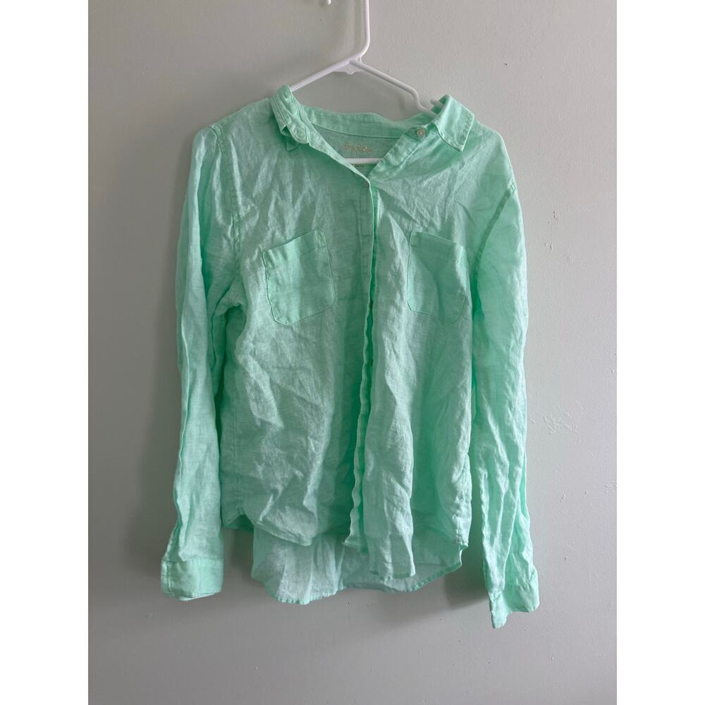 Lilly Pulitzer | 100% Linen Preppy Summer Light Green Relaxed Button Down Shirt - Picture 2 of 9